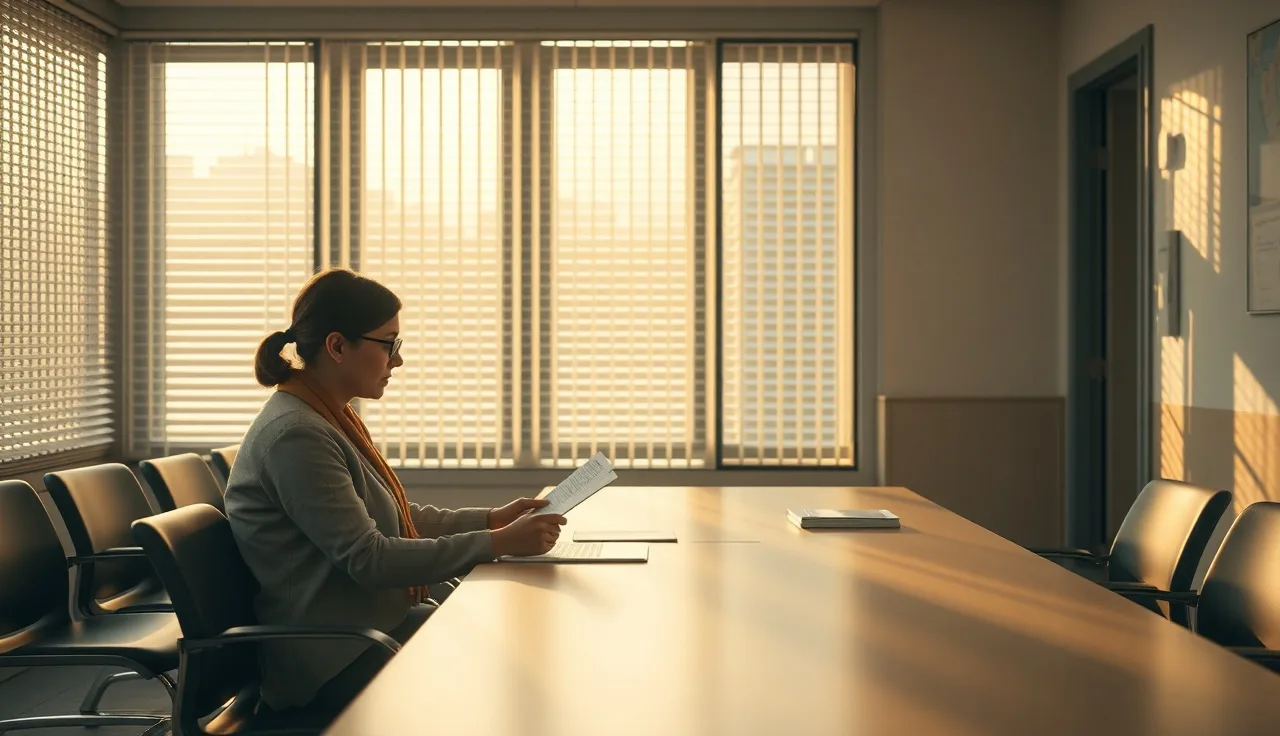 Tenant and housing official reviewing portability documents at a municipal housing office desk