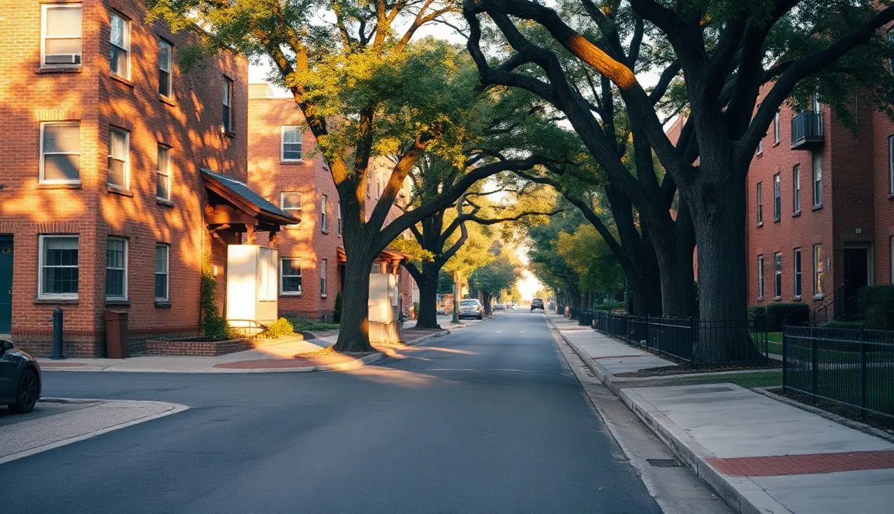 Brick apartment buildings on a quiet residential street in afternoon light