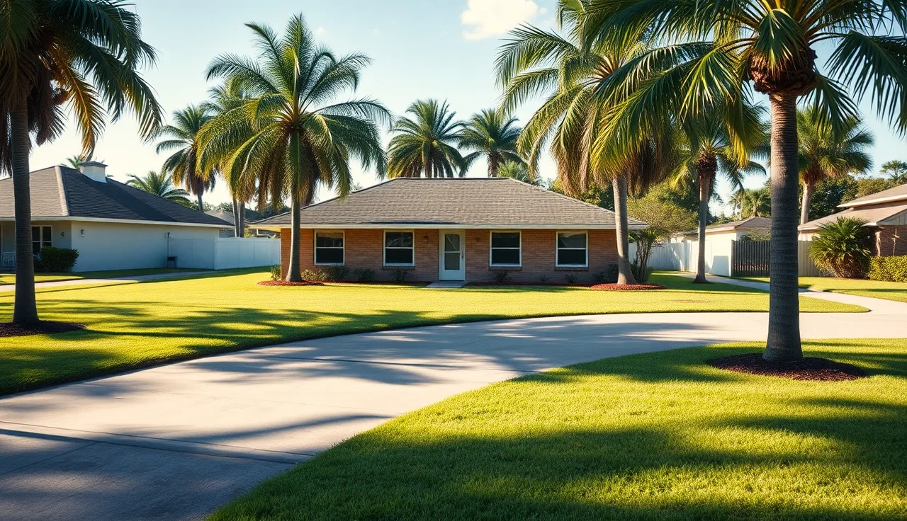 Single-family three-bedroom house on a quiet North Port Florida street in morning light