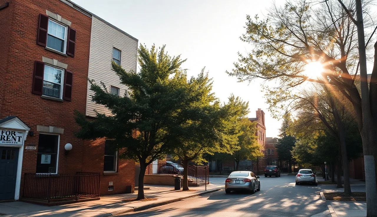 Brick apartment building with a for-rent sign in a window on a residential street