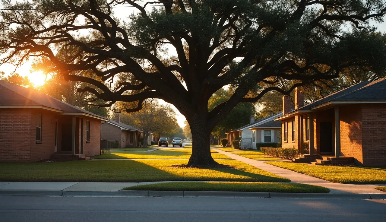 Modest brick homes on a residential street in Port Arthur Texas at golden hour