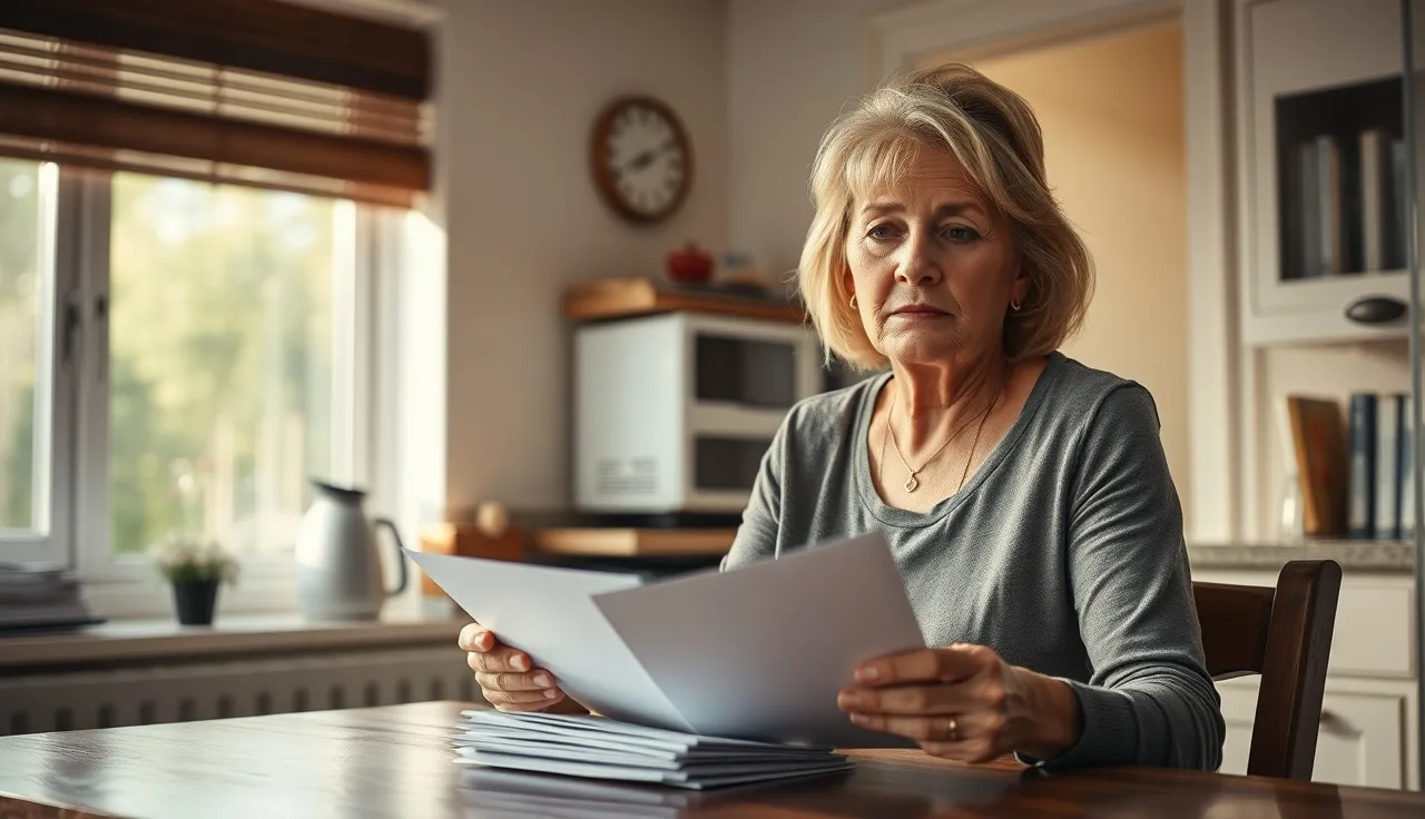 Woman reviewing housing subsidy notices at kitchen table in afternoon light