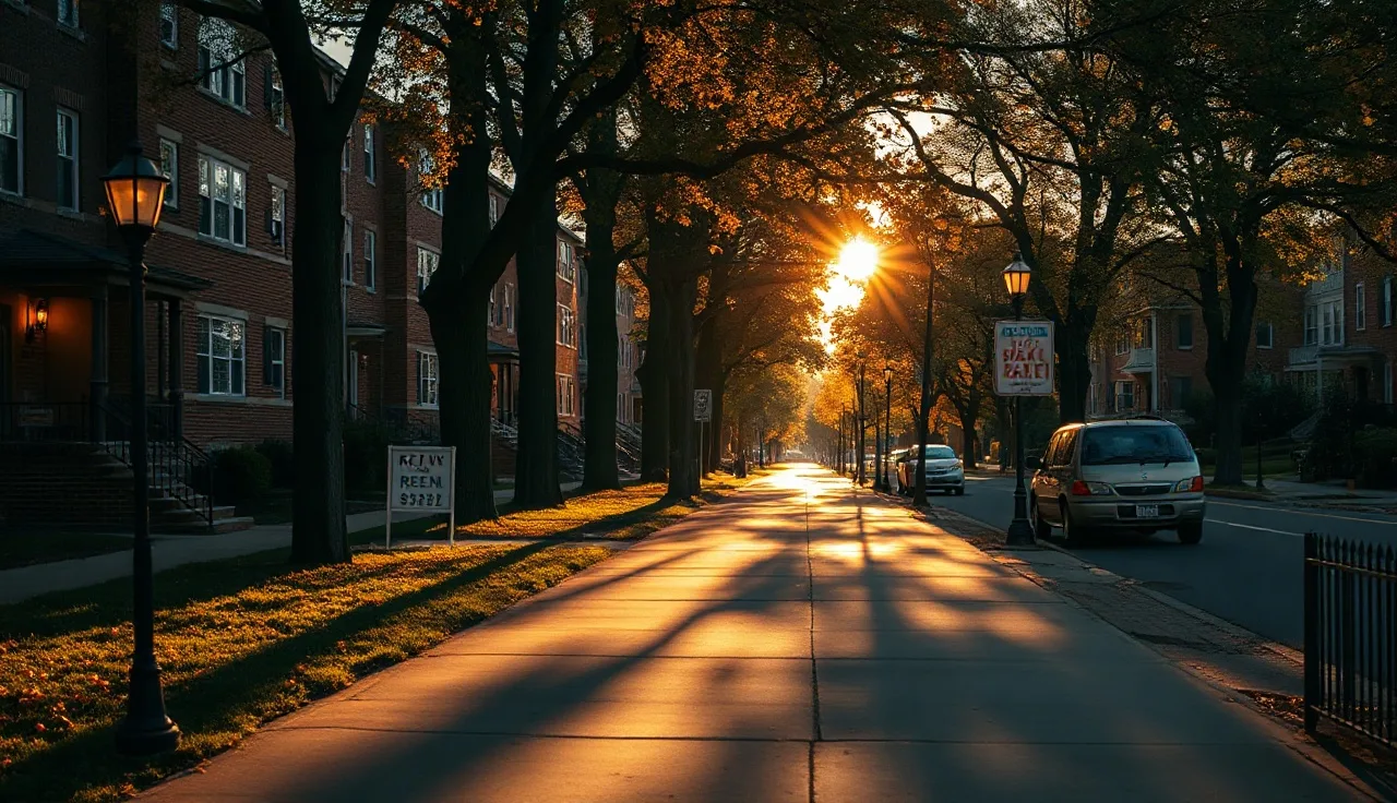 Tree-lined Cleveland street with brick rental apartments at golden hour