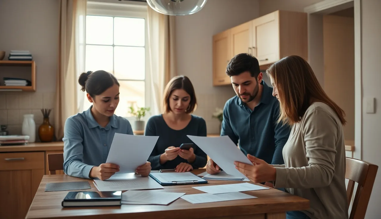 Family and property manager reviewing housing paperwork at kitchen table