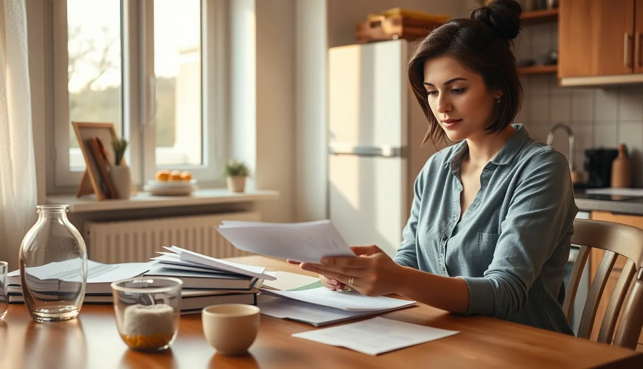 Woman reviewing housing documents at kitchen table in apartment, afternoon light