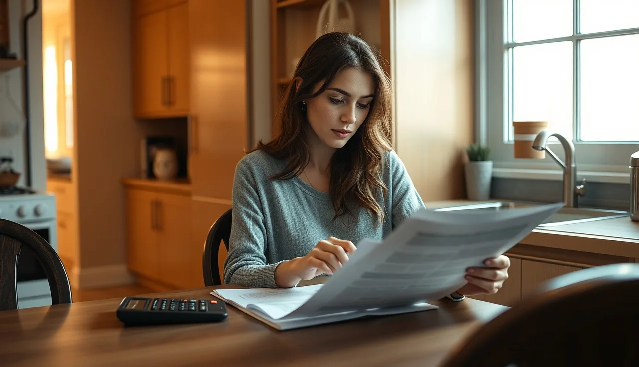 Woman reviewing housing documents at kitchen table, SNAP and Section 8 paperwork