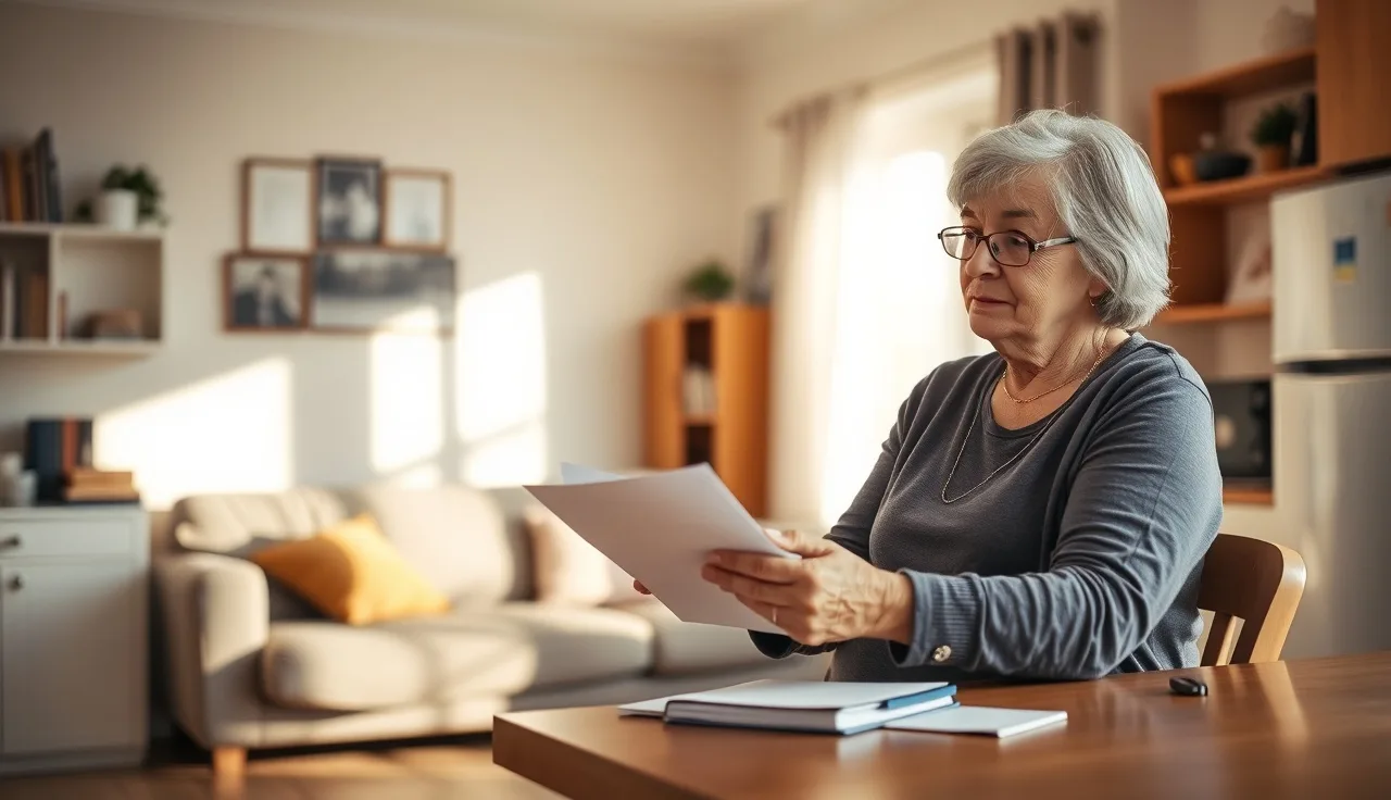 Disabled woman reviewing Section 8 housing paperwork at kitchen table