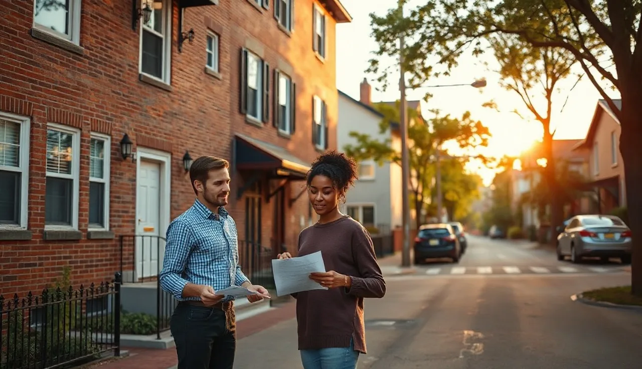 Landlord and tenant reviewing fair market rent paperwork outside an apartment building