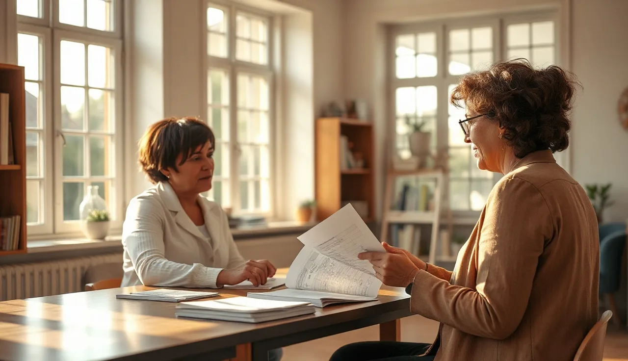 Caseworker and renter reviewing fair market rent documents at a community office table
