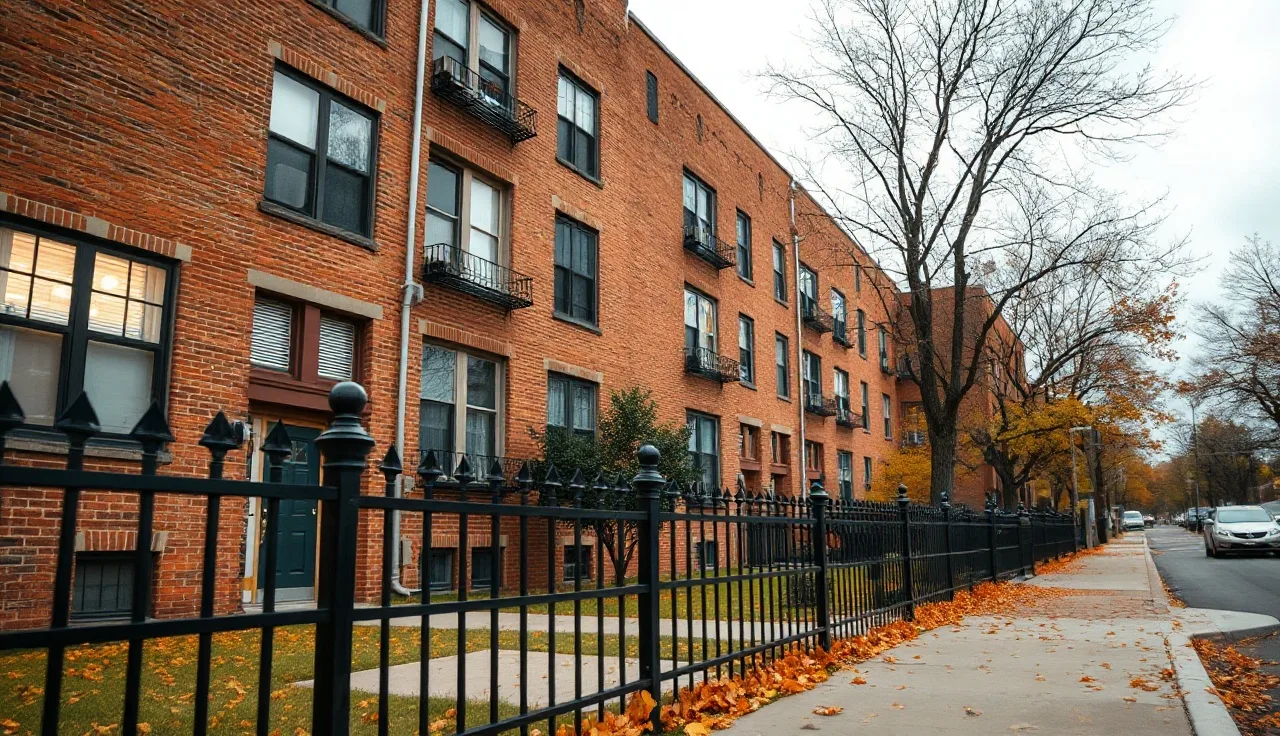Chicago brick apartment building on a quiet residential street in autumn