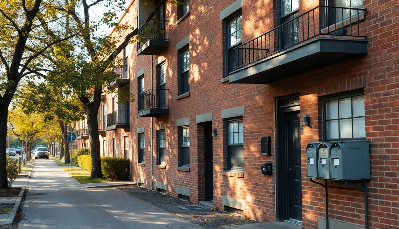 Brick apartment building exterior on a residential street, illustrating fair market rent housing