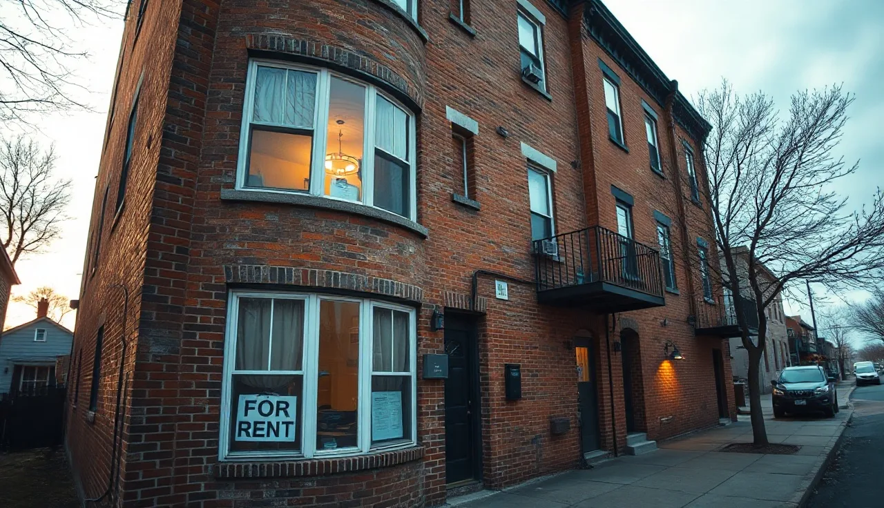 Two-story brick apartment building on a residential street with a for rent sign in a window