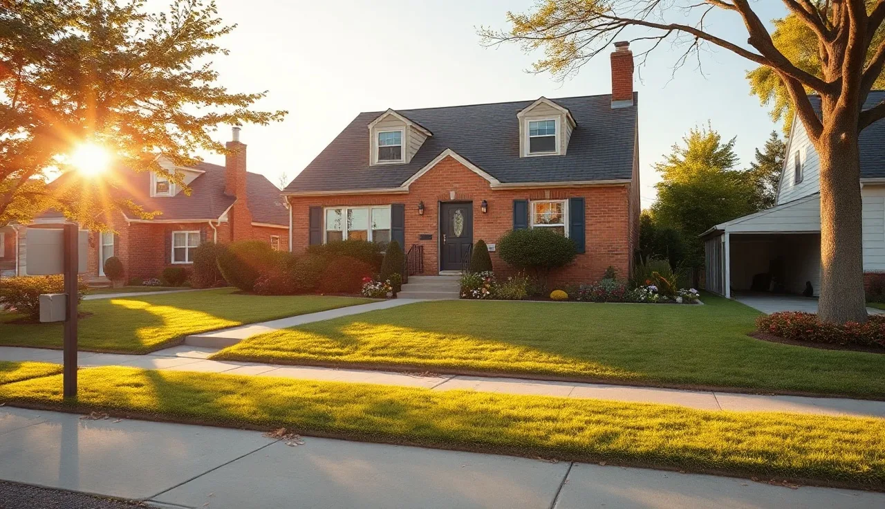 Sunlit three-bedroom suburban house viewed from sidewalk on a clear afternoon