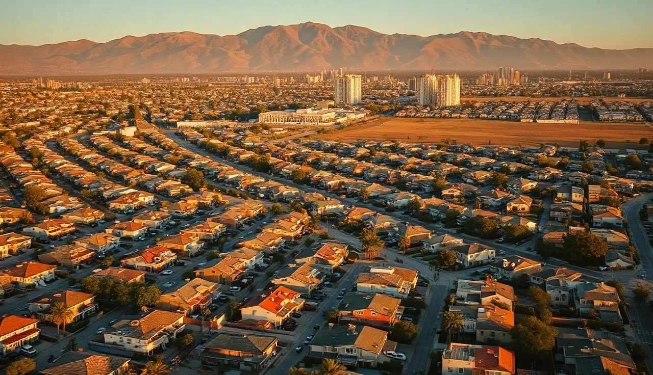 Aerial view of a Los Angeles residential neighborhood with apartment buildings at golden hour