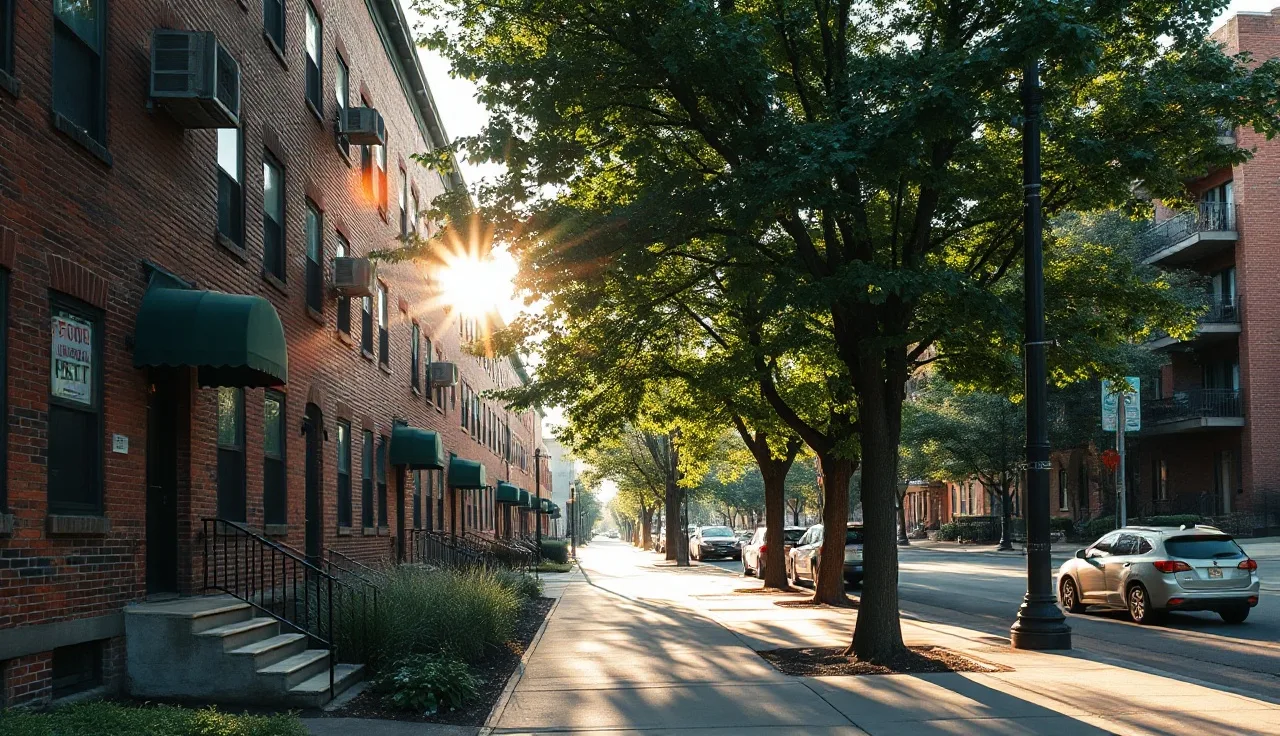 Brick apartment buildings on a New Jersey street with a For Rent sign