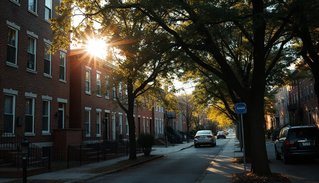 Philadelphia brick rowhomes on a quiet residential street in afternoon light