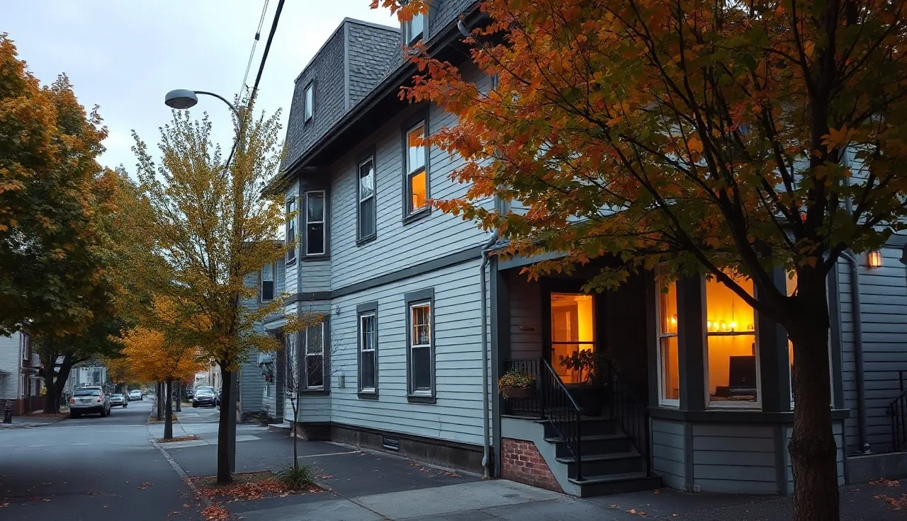 Modest apartment building on a tree-lined Portland Oregon residential street