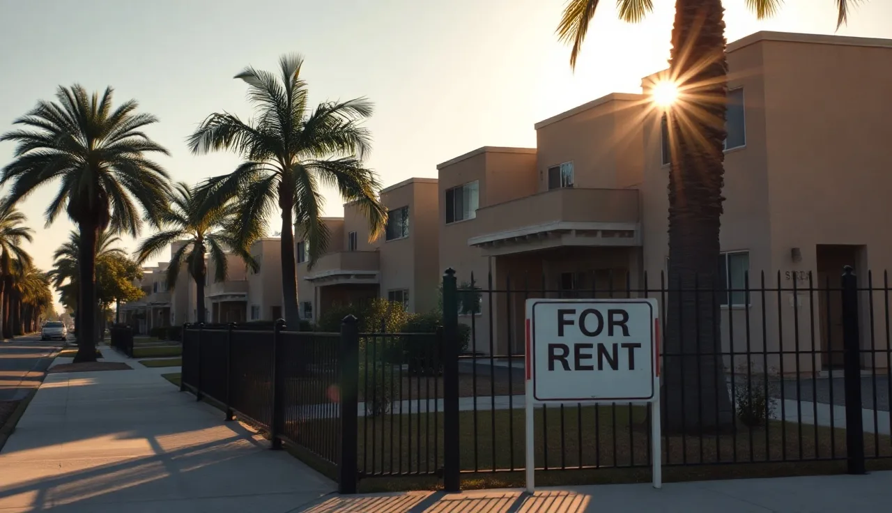 San Diego apartment buildings on a sunny street with a for-rent sign