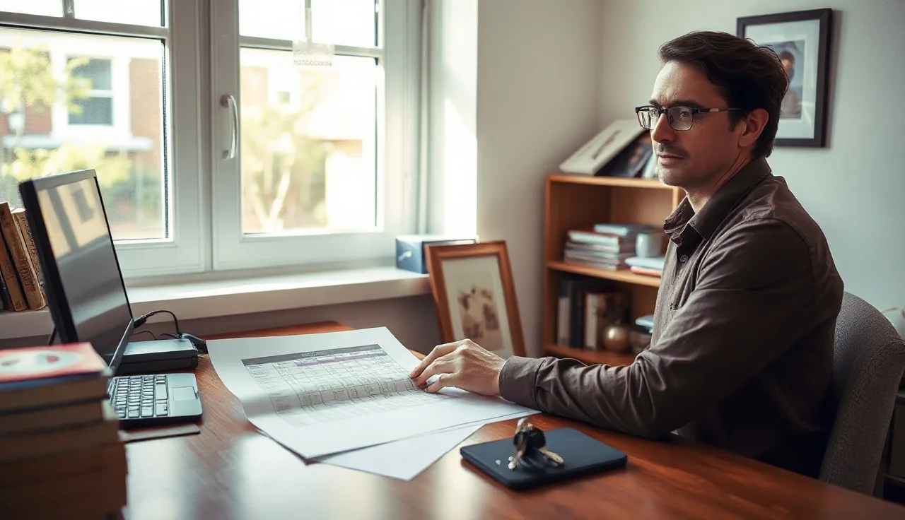 Property manager reviewing a fair market rent schedule at a desk with apartment keys nearby