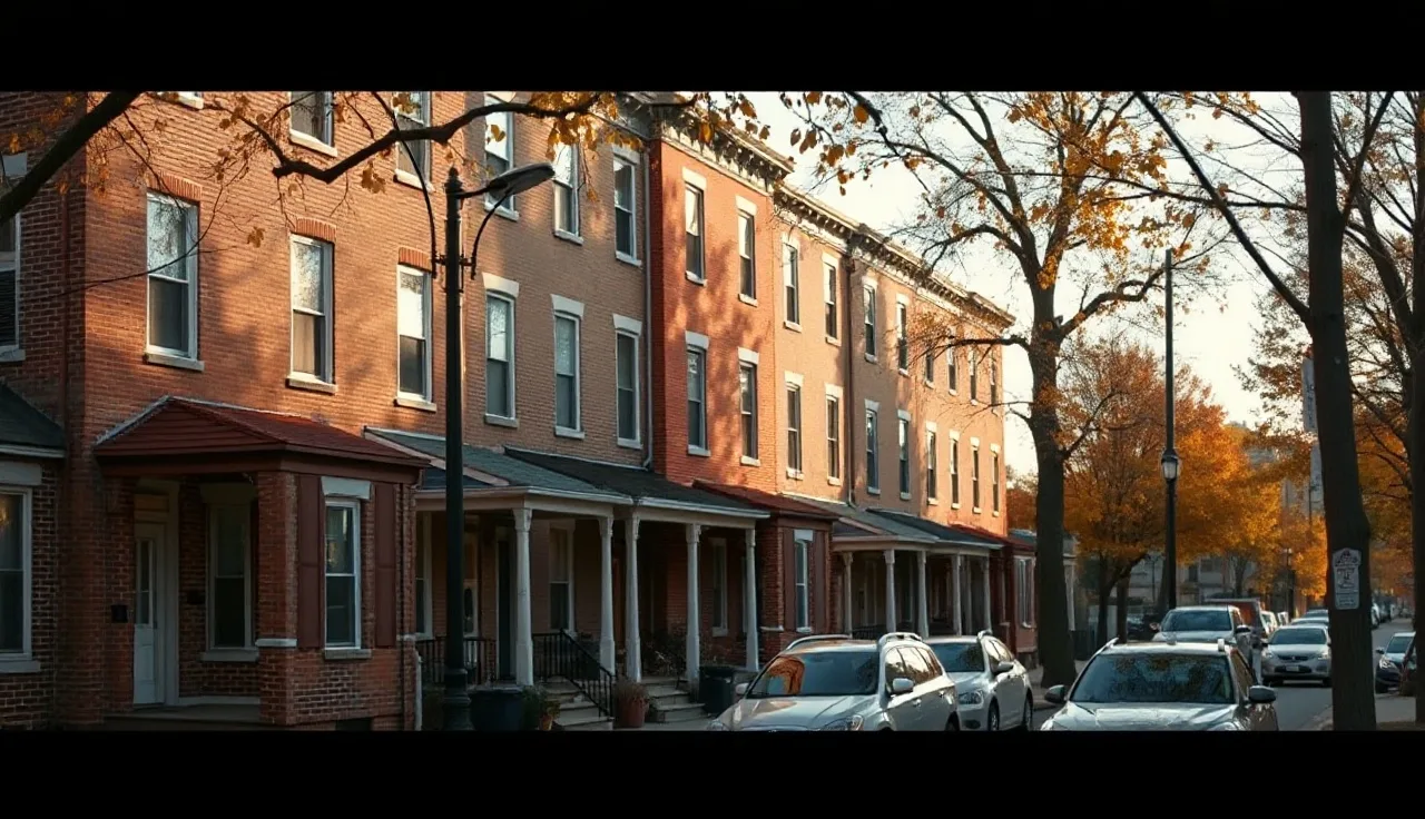 Worcester Massachusetts triple-decker apartment buildings on a residential street in autumn