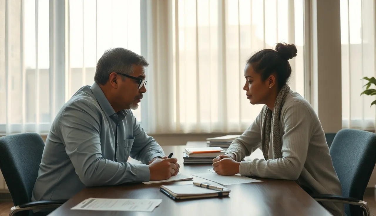 Caseworker and voucher tenant reviewing rent documents at housing office table