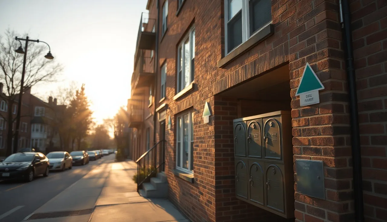 Brick apartment building exterior in late afternoon light, residential neighborhood