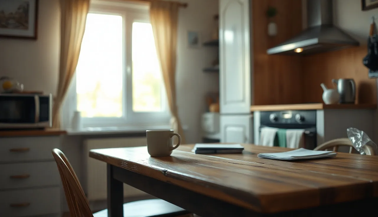 Modest apartment kitchen with afternoon sunlight and a coffee mug on a table