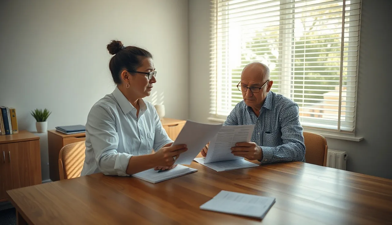 Housing specialist and tenant reviewing fair market rent documentation at a table