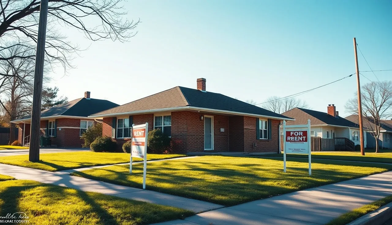 Single-story brick house with a for-rent sign, available for Section 8 rental