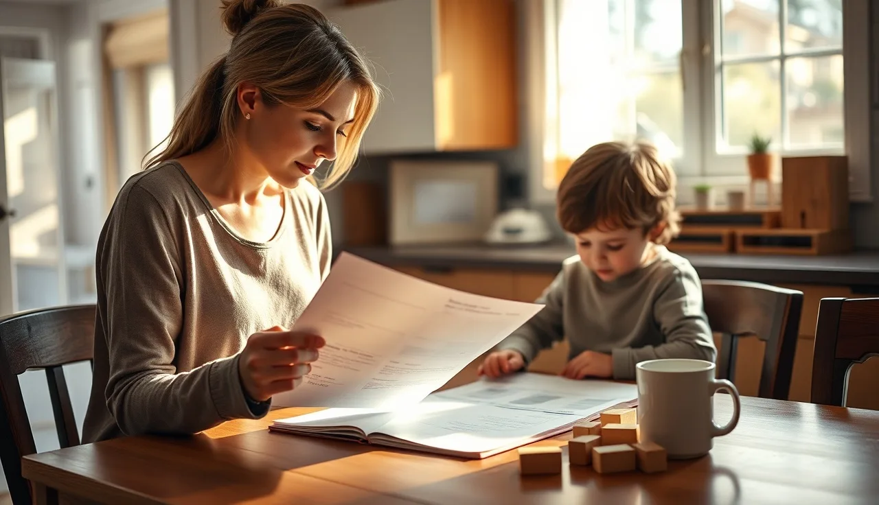 Mother reviewing housing documents at kitchen table with child playing nearby