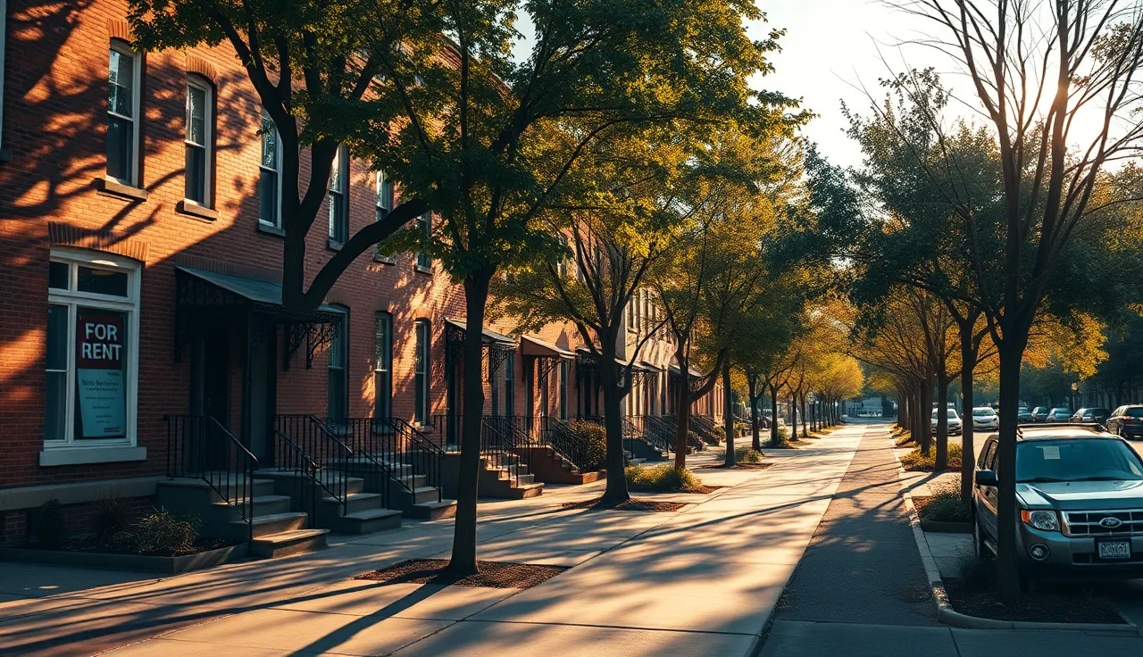 Brick townhouses on a city street with a for-rent sign, morning light