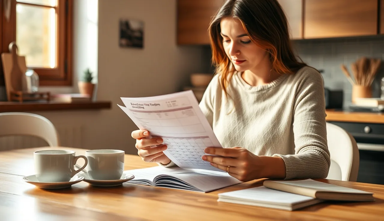 Woman reviewing seasonal pay stubs and calendar for Section 8 income calculation