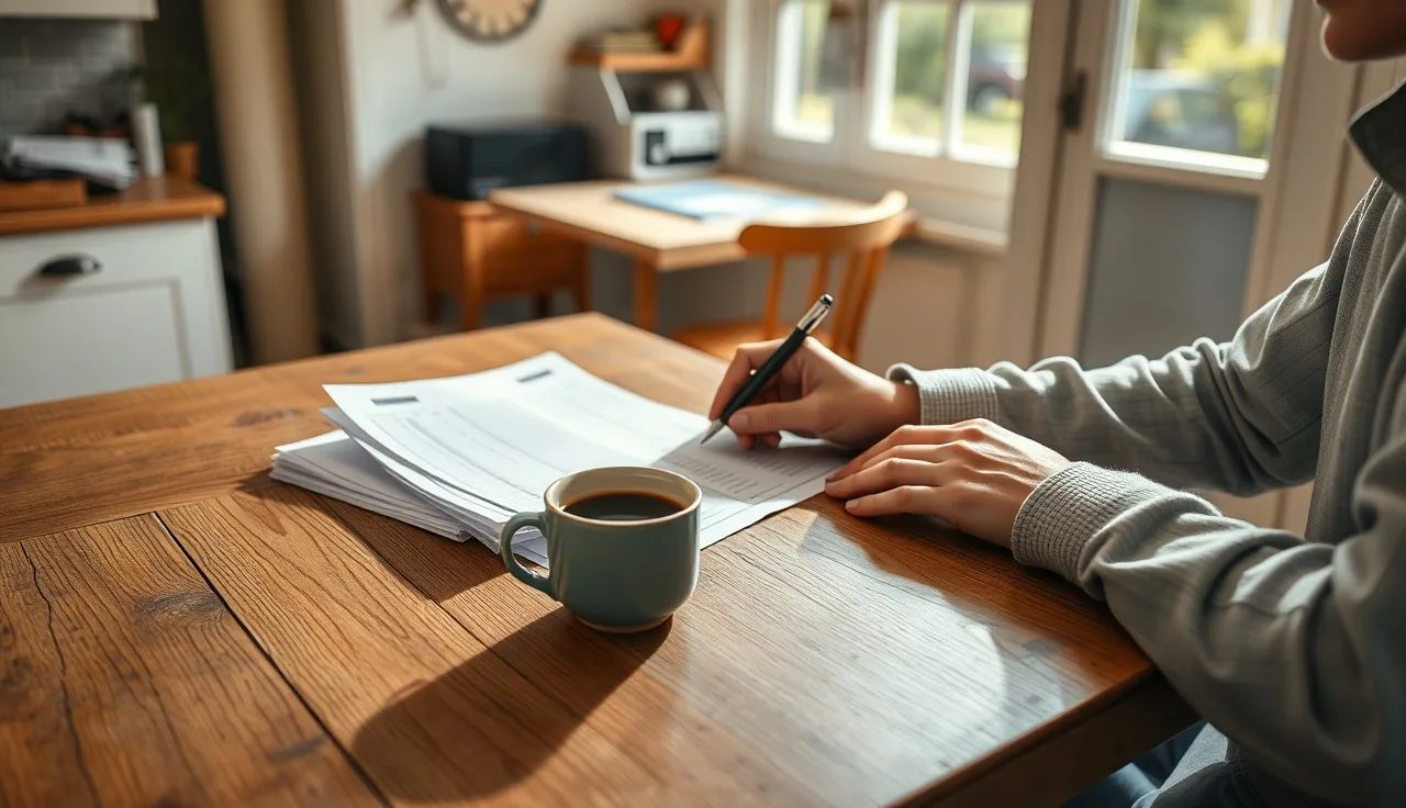 Self-employed person reviewing income ledger for Section 8 recertification at home