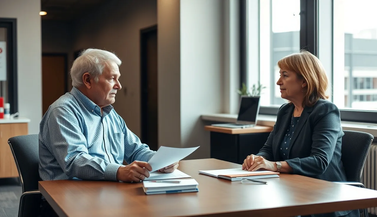 Two adults reviewing Section 8 income documents with a housing caseworker at a desk