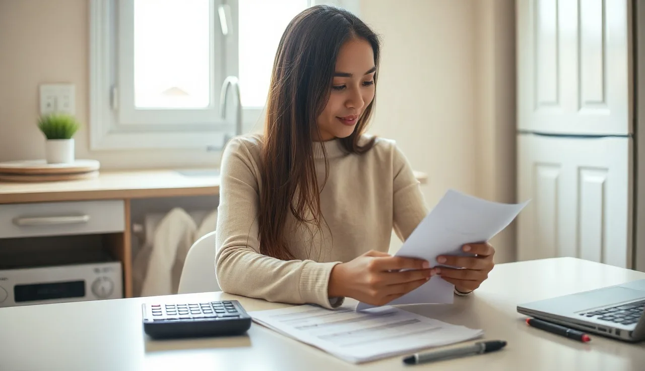 Woman reviewing Section 8 rent papers at kitchen table in natural light