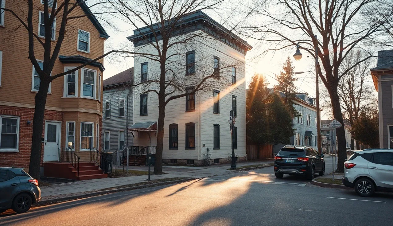 Affordable apartment buildings on a residential street in afternoon light