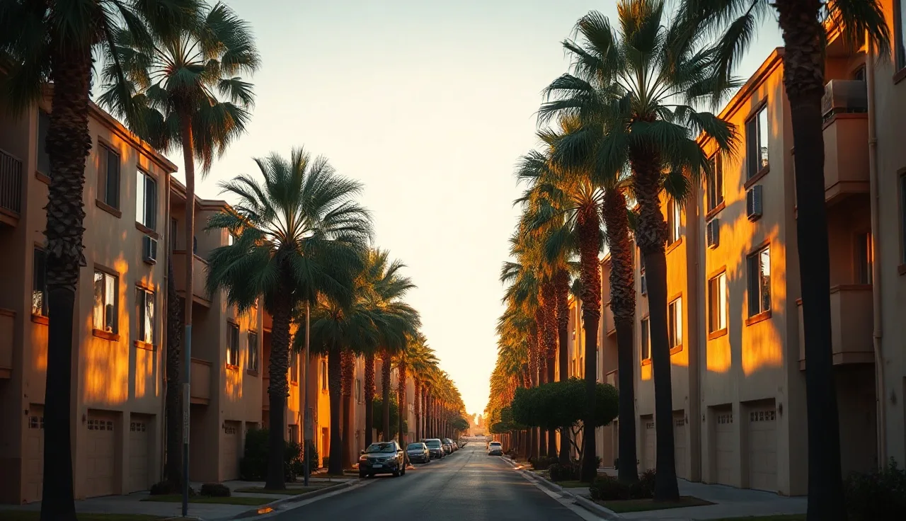 California apartment buildings on a palm-lined residential street at golden hour