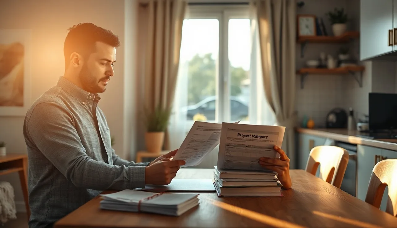 Property manager reviewing Section 8 rental documents at a kitchen table