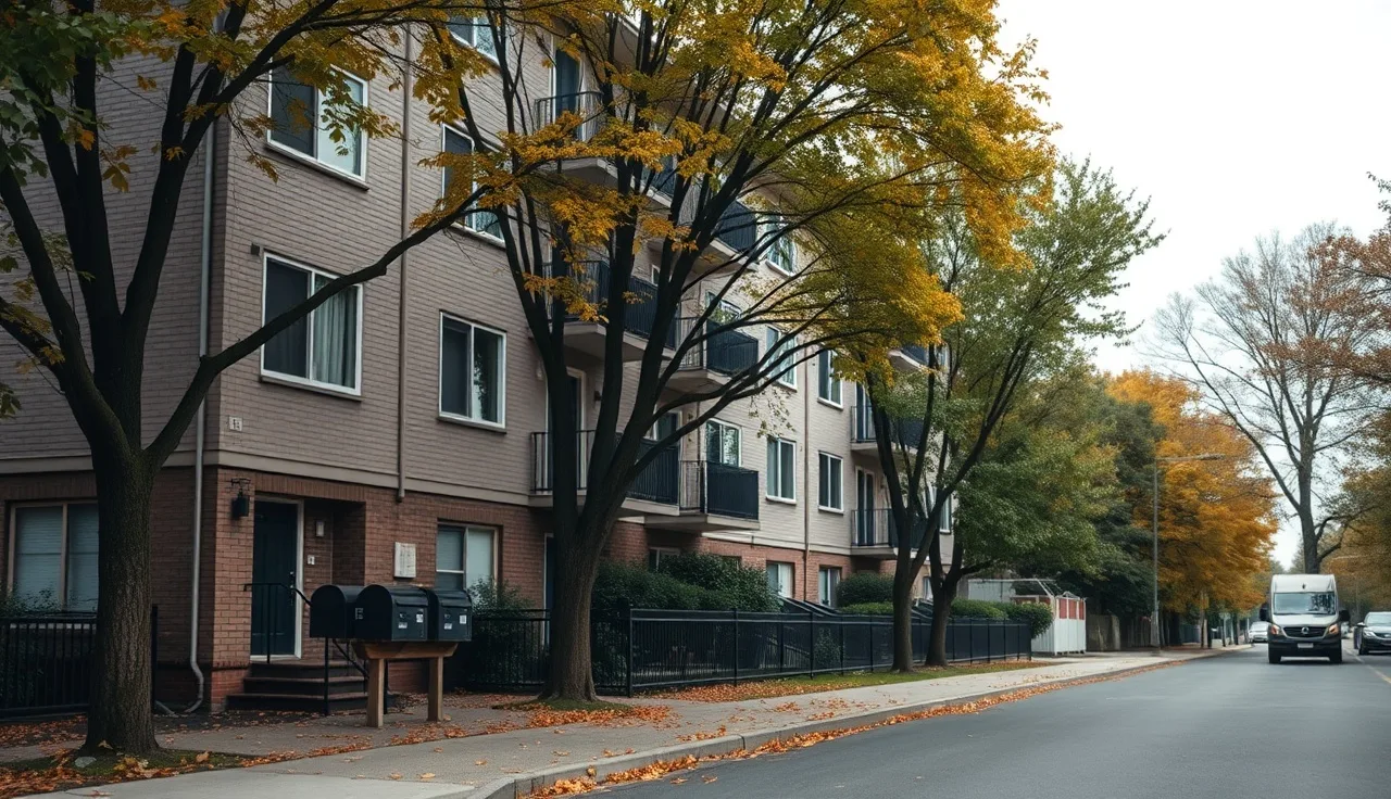 Rental apartment building on a tree-lined street in autumn light