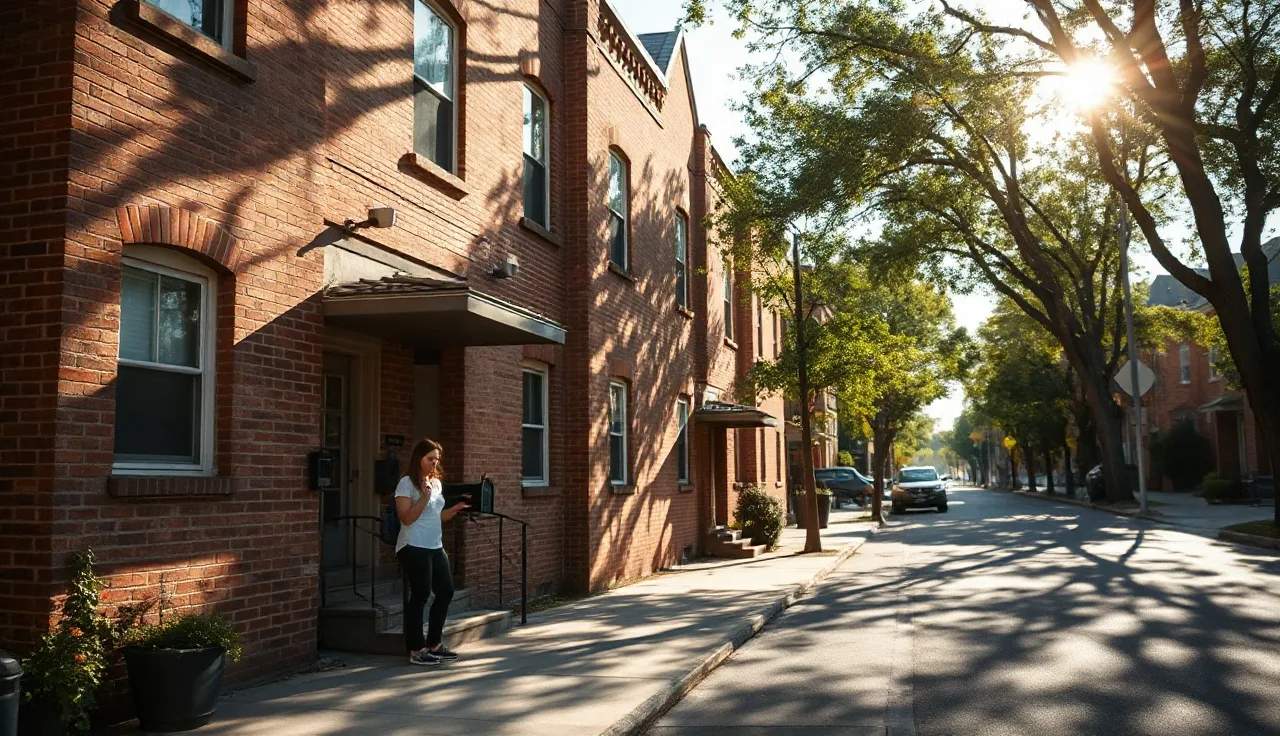 Woman checking mailbox outside brick apartment building on residential street