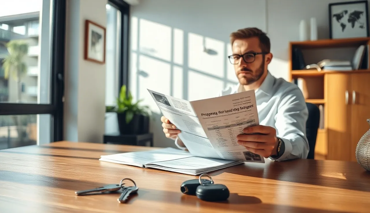 Property manager reviewing fair market rent documents at a desk with apartment keys