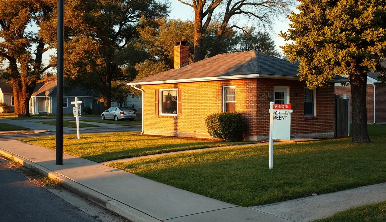 Modest brick house for rent on a quiet residential street in afternoon light