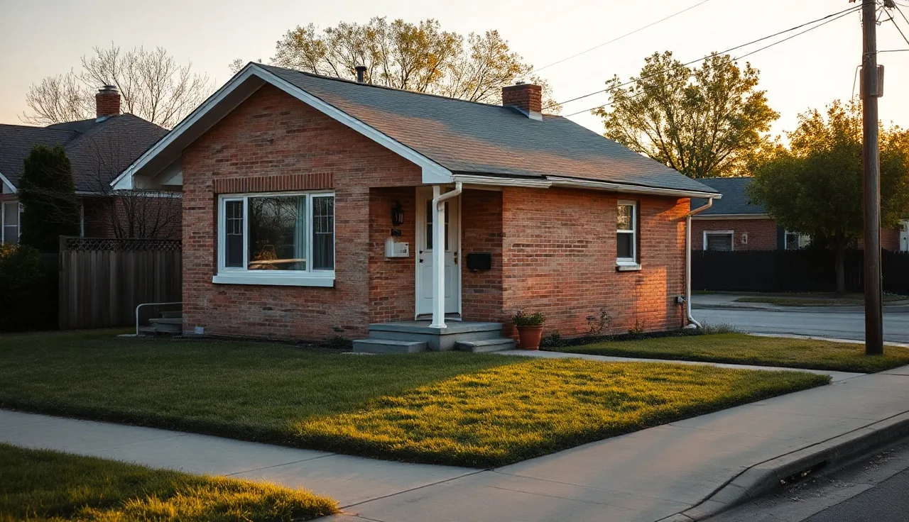 A modest brick rental house on a quiet residential street at golden hour