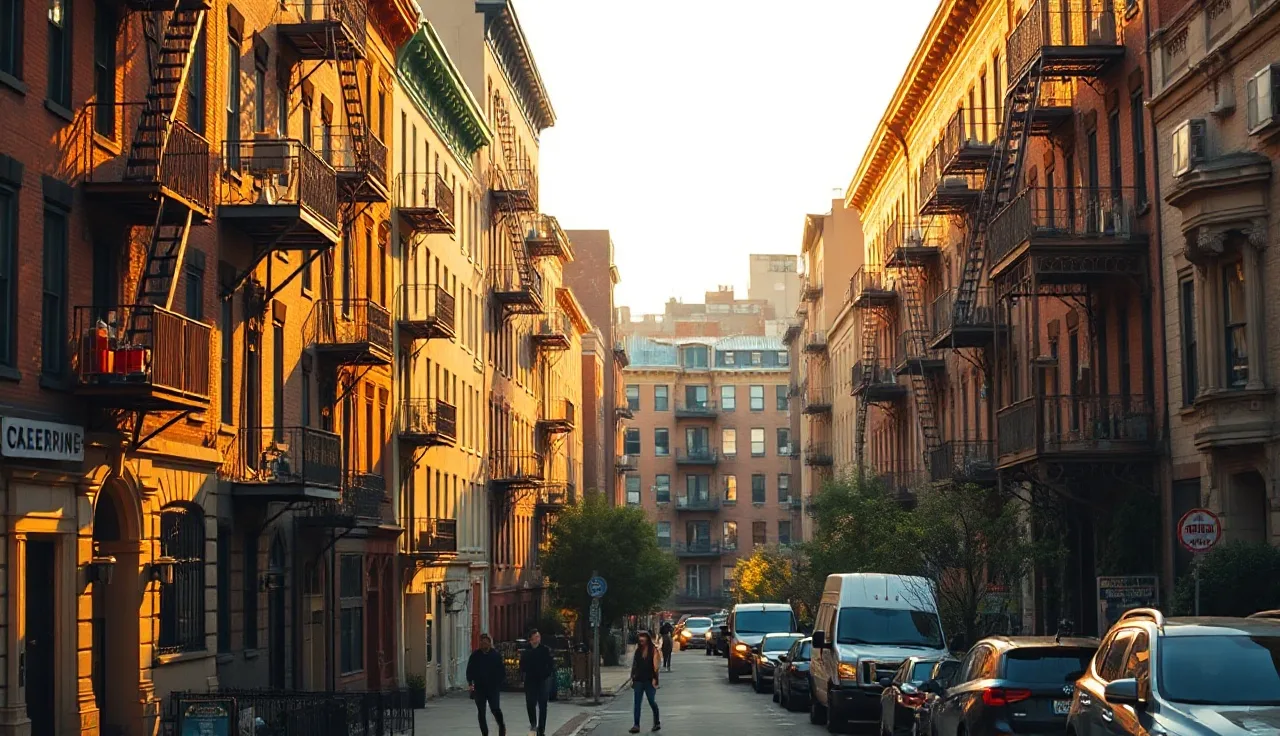 Brooklyn brownstone apartment buildings on a residential street with warm afternoon light
