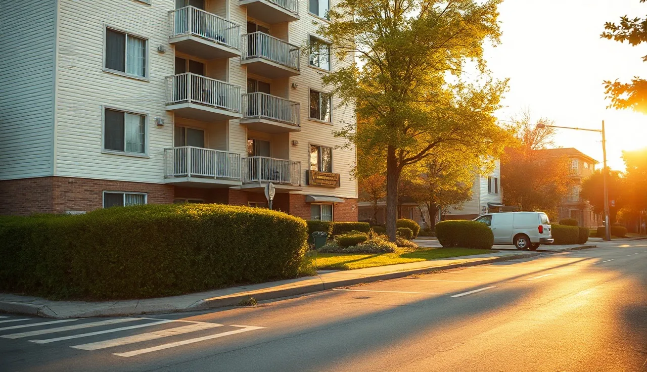 Sunlit apartment building exterior on a residential street, Section 8 housing context
