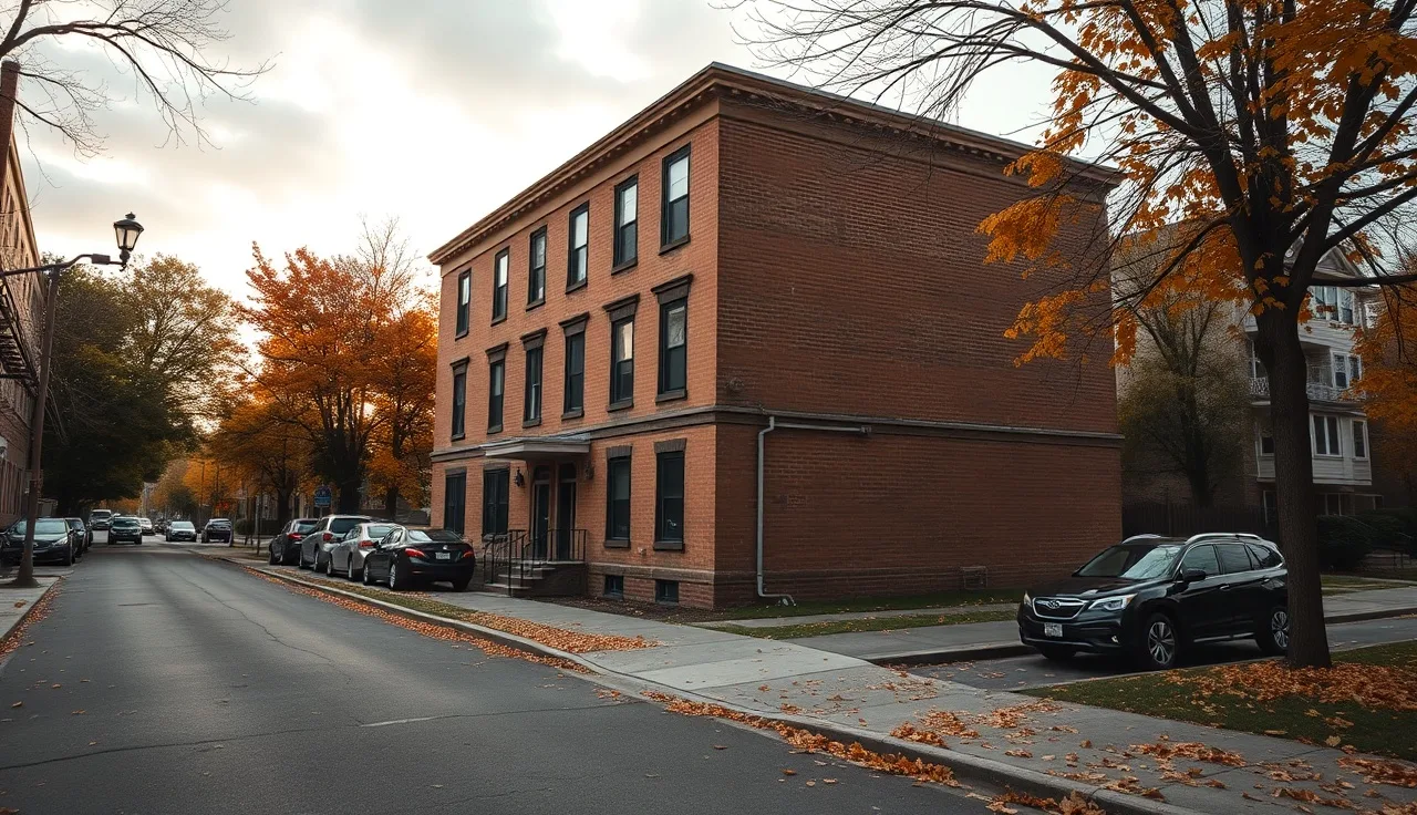 Brick apartment building on residential street reflecting fair market rent housing