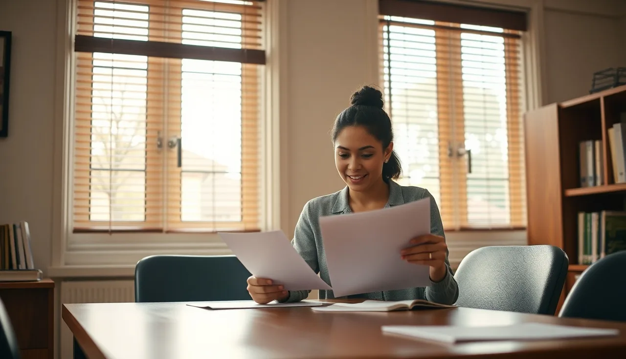Caseworker and tenant reviewing housing voucher paperwork at a sunlit office desk