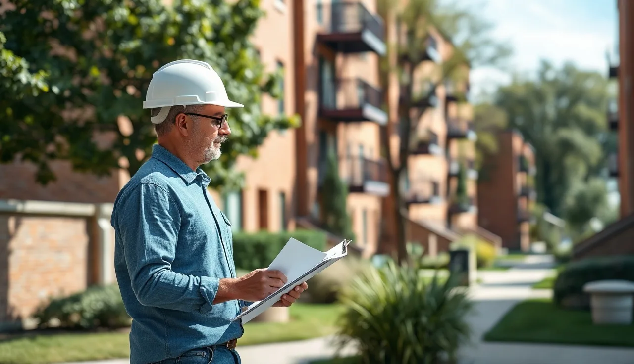 Housing inspector reviewing apartment building exterior on a residential street