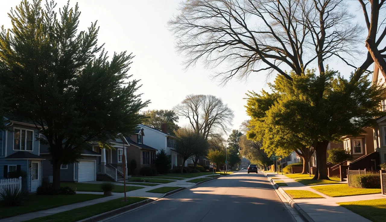 Sunlit suburban residential street with homes showing neighborhood rent variation for Section 8