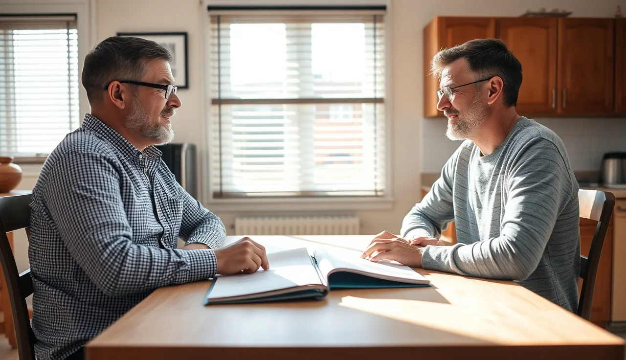 Landlord and tenant discussing rent papers at a kitchen table with afternoon light
